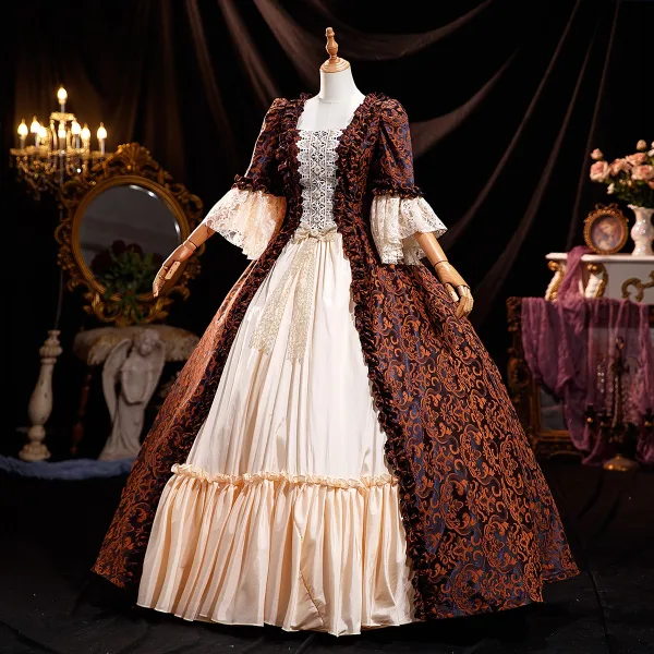 Medieval Vintage / Retro Brown Printing Prom Dresses 2025 Ball Gown Square Neckline Bell sleeves Backless Floor-Length / Long Prom Formal Dresses