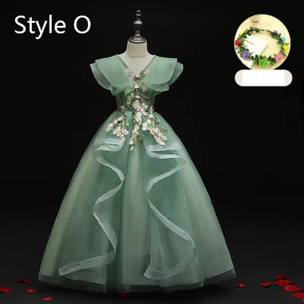 Flower Fairy Sage Green Appliques Lace Flower Birthday Flower Girl Dresses 2024 Ball Gown V-Neck Bell sleeves Court Train Flower Girl Dresses