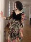 Vintage / Retro Fancy Black Printing Prom Dresses 2023 A-Line / Princess V-Neck 1/2 Sleeves Backless Prom Floor-Length / Long Formal Dresses