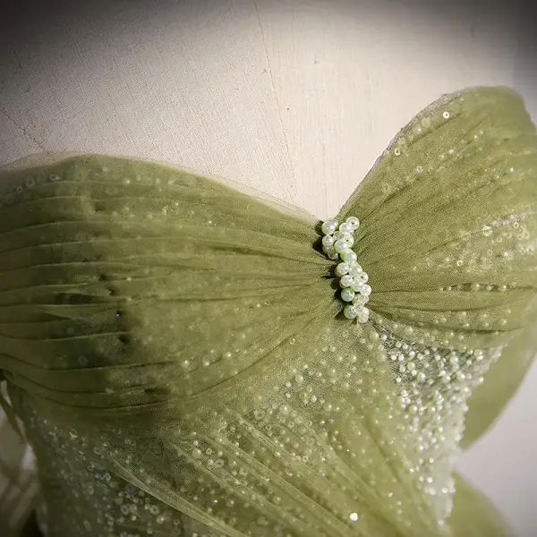 Charming Sage Green Beading Pearl Sequins Prom Dresses 2022 A-Line / Princess Off-The-Shoulder Short Sleeve Backless Prom Floor-Length / Long Formal Dresses