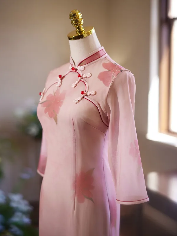 Chic / Beautiful Blushing Pink Tea-length Cheongsam 2024 Trumpet / Mermaid High Neck 1/2 Sleeves Prom