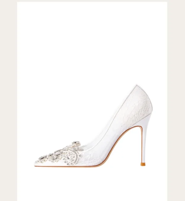 Élégant Blanche Faux Diamant Chaussure De Mariée 2024 Cuir 10 cm Talons Aiguilles À Bout Pointu Mariage Escarpins Talons Hauts
