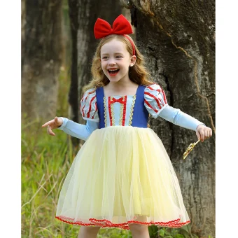 Chic Belle Blanche Neige Jonquille Anniversaire Robe Ceremonie Fille 2023 Princesse Encolure Carrée Noeud Manches Courtes Dos Nu Thé Longueur Robe Ceremonie Fille