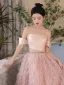 Charming Blushing Pink Tassel Prom Dresses 2024 A-Line / Princess Off-The-Shoulder Sleeveless Backless Floor-Length / Long Prom Formal Dresses