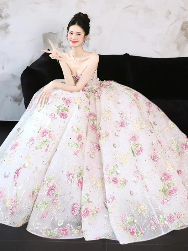 Flower Fairy Bling Bling White Sequins Flower Wedding Dresses 2025 Ball Gown Strapless Sleeveless Backless Floor-Length / Long Tulle