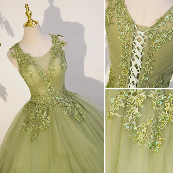 Elegant Sage Green Sequins Lace Flower Prom Dresses 2023 Ball Gown Scoop Neck Sleeveless Backless Floor-Length / Long Prom Formal Dresses
