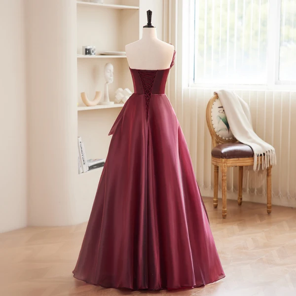 Charming Burgundy Strapless Bow Prom Dresses 2023 A-Line / Princess Sleeveless Backless Floor-Length / Long Prom Formal Dresses