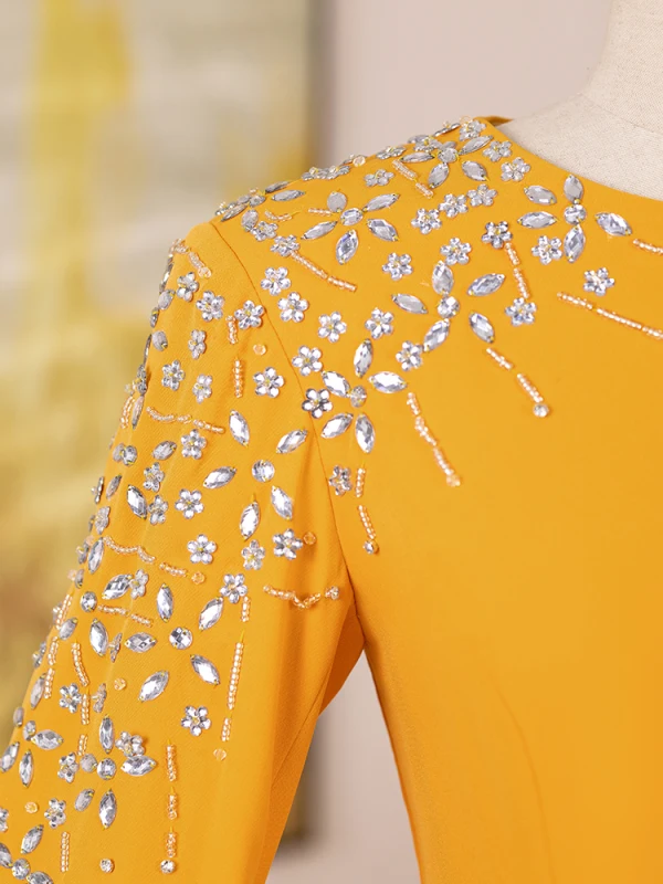 Vintage / Retro Yellow Rhinestone Prom Dresses 2024 Trumpet / Mermaid Scoop Neck Long Sleeve Floor-Length / Long Formal Dresses