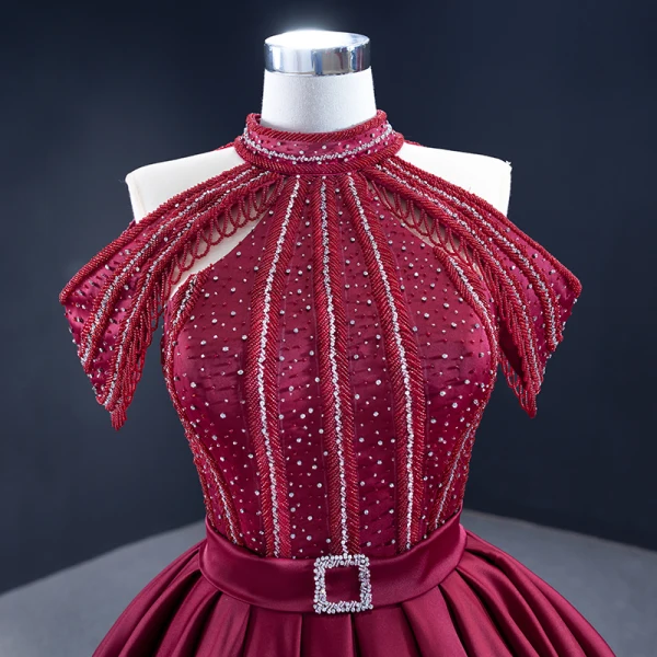 Luxury / Gorgeous Burgundy Quinceañera Handmade Prom Dresses 2021 Halter Sleeveless Solid Color Satin Ball Gown Red Carpet Beading Formal Dresses Court Train