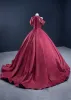 Luxury / Gorgeous Burgundy Quinceañera Handmade  Prom Dresses 2021 Halter Sleeveless Solid Color Satin Ball Gown Red Carpet Beading Formal Dresses Court Train