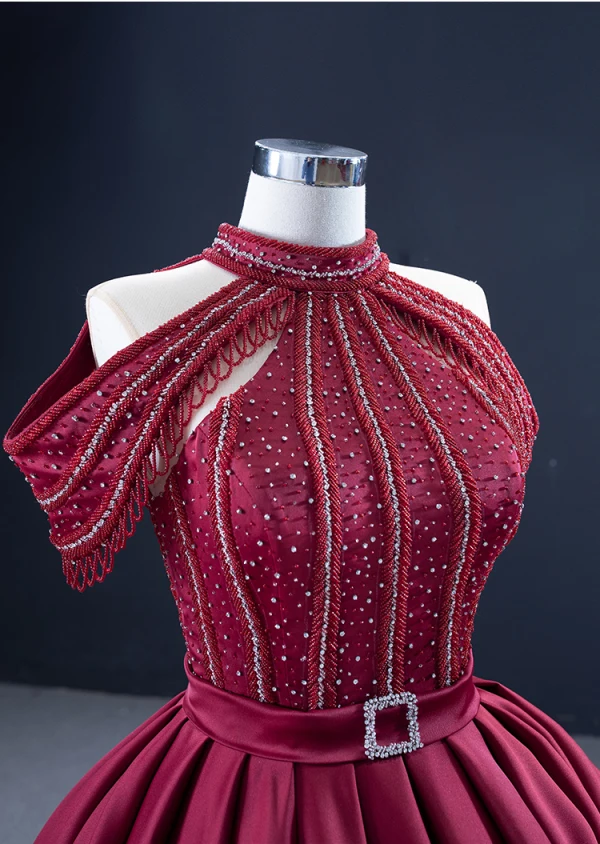 Luxury / Gorgeous Burgundy Quinceañera Handmade Prom Dresses 2021 Halter Sleeveless Solid Color Satin Ball Gown Red Carpet Beading Formal Dresses Court Train