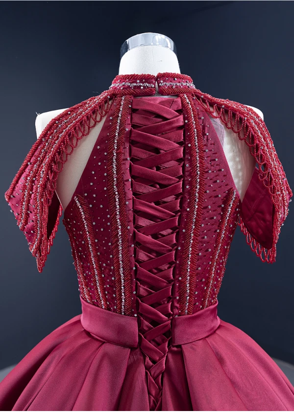Luxury / Gorgeous Burgundy Quinceañera Handmade Prom Dresses 2021 Halter Sleeveless Solid Color Satin Ball Gown Red Carpet Beading Formal Dresses Court Train