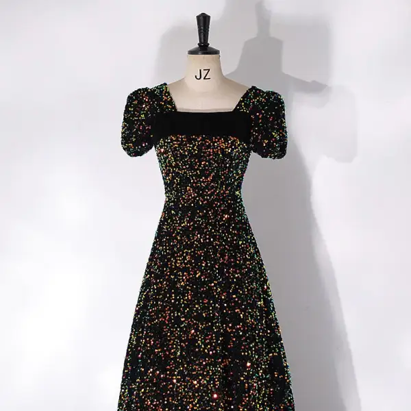 Scintillantes Noire Paillettes Robe De Bal 2024 Princesse Encolure Carrée Gonflée Manches Courtes Dos Nu Longue Promo Robe De Ceremonie