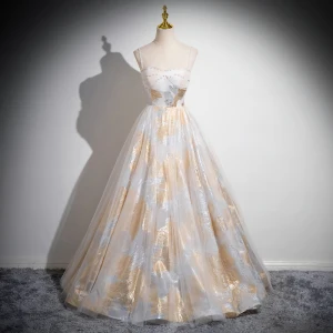 Mode Doré Glitter Robe De Bal 2024 Princesse Bretelles Spaghetti Sans Manches Dos Nu Longue Promo Robe De Ceremonie