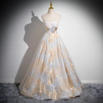 Fashion Gold Glitter Prom Dresses 2024 A Line Princess Spaghetti Straps Sleeveless Backless Floor Length Long Prom Formal Dresses