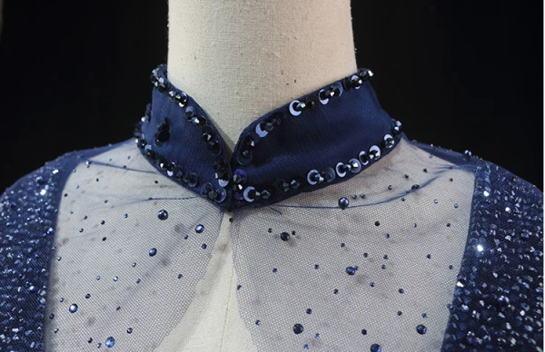 High-end Vintage / Retro Navy Blue Beading Sequins Prom Dresses 2024 Ball Gown High Neck Sleeveless Backless Floor-Length / Long Formal Dresses