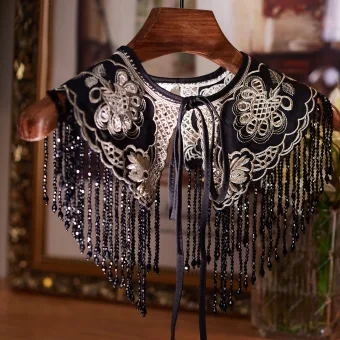 Vintage Svarta Spets Blomma Beading Tassel Bal Sjal 2025