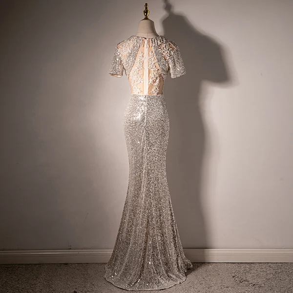 Sexy Sparkly Champagne Evening Dresses 2022 Trumpet / Mermaid Scoop Neck Short Sleeve Beading Sequins Lace Flower Floor-Length / Long Split Front Evening Party Formal Dresses