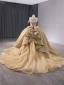 Luxury / Gorgeous Gold Handmade  Beading Pearl Rhinestone Sequins Prom Dresses 2024 Ball Gown Off-The-Shoulder Short Sleeve Backless Bow Chapel Train Prom
