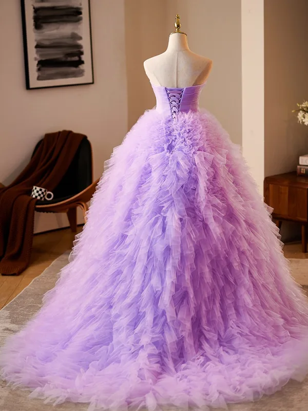 Chic / Beautiful Lavender Cascading Ruffles Prom Dresses 2024 Ball Gown Strapless Sleeveless Backless Floor-Length / Long Prom Formal Dresses