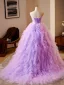 Chic / Beautiful Lavender Cascading Ruffles Prom Dresses 2024 Ball Gown Strapless Sleeveless Backless Floor-Length / Long Prom Formal Dresses