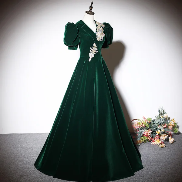 Elegant Dark Green Beading Sequins Suede Prom Dresses 2023 V-Neck A-Line / Princess Short Sleeve Backless Floor-Length / Long Prom Formal Dresses
