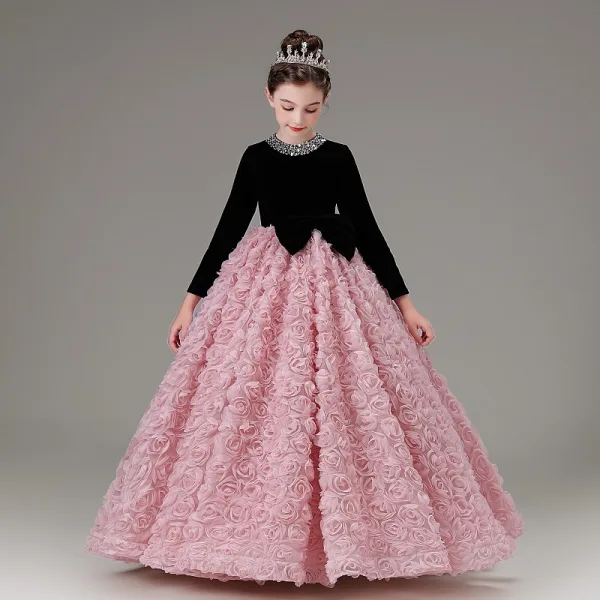 Chic / Beautiful Blushing Pink Appliques Sequins Birthday Flower Girl Dresses 2025 Ball Gown Scoop Neck Long Sleeve Floor-Length / Long
