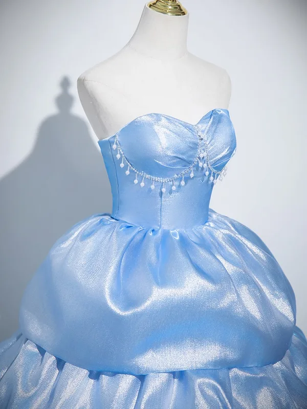 Fashion Sky Blue Pearl Rhinestone Prom Dresses 2025 Ball Gown Strapless Sleeveless Backless Court Train Satin Prom Formal Dresses