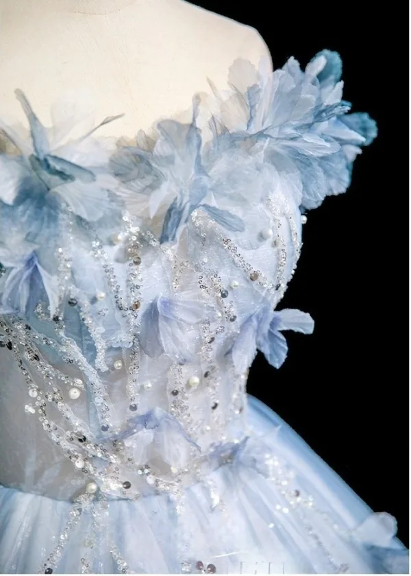 Bling Bling Sky Blue Beading Appliques Sequins Prom Dresses 2025 Ball Gown Off-The-Shoulder Short Sleeve Backless Floor-Length / Long Formal Dresses