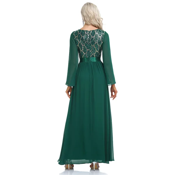 Chic / Beautiful Dark Green Sequins Evening Dresses 2023 A-Line / Princess V-Neck Long Sleeve Chiffon Sash Floor-Length / Long Evening Party Formal Dresses