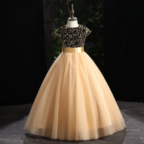 Chic / Beautiful Grey Sequins Prom Flower Girl Dresses 2022 Ball Gown Scoop Neck Sleeveless Sash Bow Floor-Length / Long Flower Girl Dresses