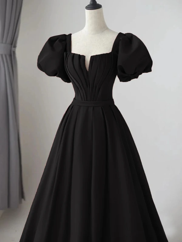 Chic / Beautiful Black Evening Dresses 2023 A-Line / Princess Square Neckline Puffy Short Sleeve Backless Sash Floor-Length / Long Evening Party Formal Dresses