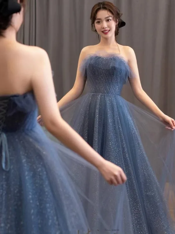 Chic / Beautiful Ocean Blue Glitter Bow Sash Prom Dresses 2025 A-Line / Princess Strapless Sleeveless Backless Floor-Length / Long Prom Formal Dresses