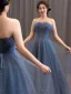 Chic / Beautiful Ocean Blue Glitter Bow Sash Prom Dresses 2025 A-Line / Princess Strapless Sleeveless Backless Floor-Length / Long Prom Formal Dresses