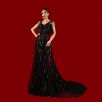Haut De Gamme Charmant Noire Faux Diamant Robe De Soirée 2023 Princesse Encolure Carrée Manches Courtes Dos Nu Soirée Train De Balayage Robe De Ceremonie