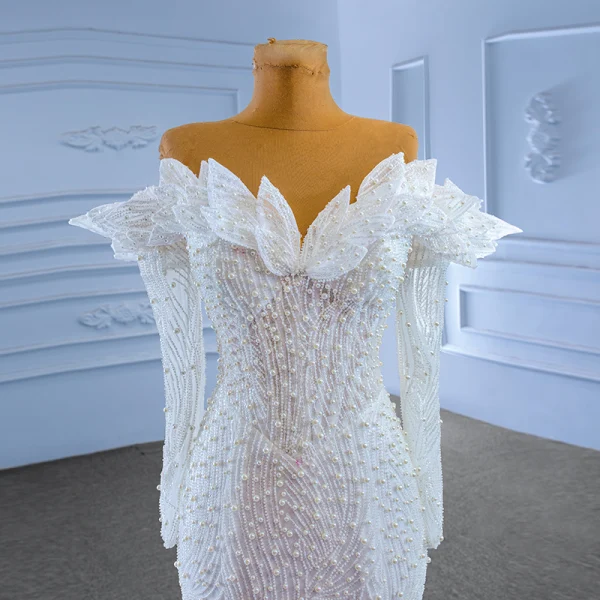 Luxury / Gorgeous White Handmade  Beading Pearl Wedding Dresses 2023 Trumpet / Mermaid Off-The-Shoulder Long Sleeve Backless Floor-Length / Long Wedding