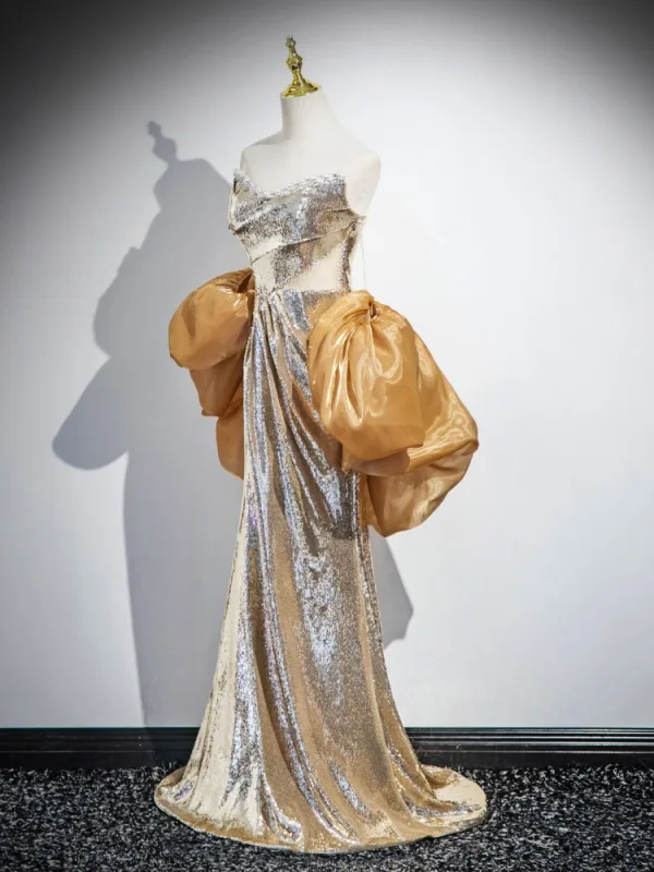 Sexy Gold Pailletten Abendkleider 2025 Meerjungfrau Bandeau Ärmellos Rückenfreies Lange Abend Festliche Kleider