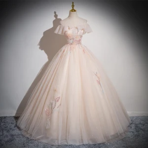 Chic Beautiful Champagne Beading Sequins Lace Flower Prom Dresses 2024 Ball Gown Off The Shoulder Sleeveless Backless Floor Length Long Prom Formal Dresses