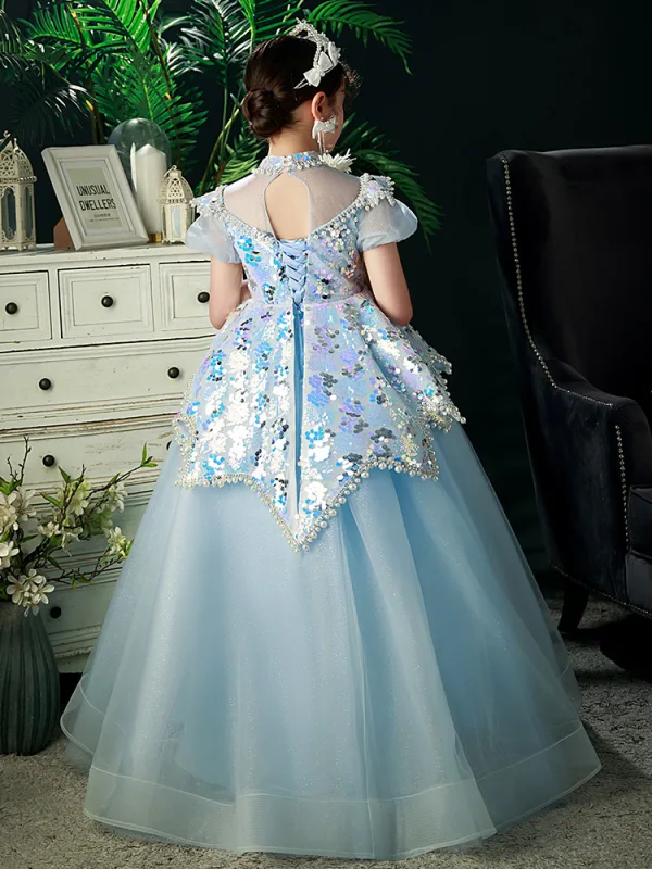 Glitzernden Himmelblau Pailletten Perle Strass Geburtstag Blumenmädchenkleider 2022 Ballkleid Stehkragen Kurze Ärmel Rückenfreies Lange Blumenmädchenkleider