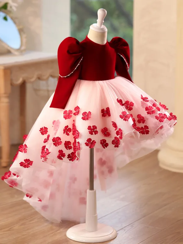 Chic / Belle Bordeaux Appliques Asymétrique Anniversaire Robe Ceremonie Fille 2025 Robe Boule Col Haut Gonflée Manches Longues