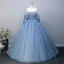 Elegant Beading Sky Blue Rhinestone Prom Dresses Ball Gown 2025 Backless Off-The-Shoulder Short Sleeve Floor-Length / Long Prom Formal Dresses