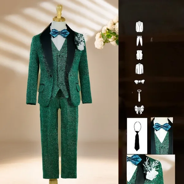 Fall Winter Glitter Dark Green Birthday Long Sleeve 6-piece Boys Wedding Suits 2025 Body Jewellery Coat Pants Shirt Tie Vest