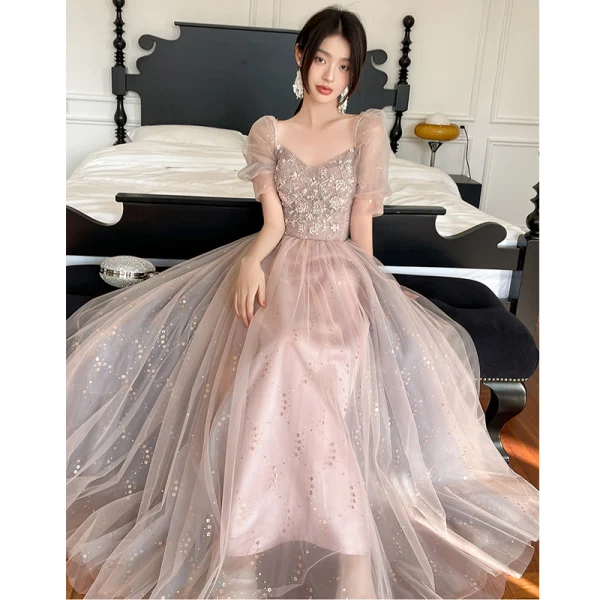 Chic / Beautiful Dusky Pink Pearl Rhinestone Sequins Bridesmaid Dresses 2022 A-Line / Princess Short Sleeve Backless Floor-Length / Long Bridesmaid