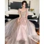 Chic / Beautiful Dusky Pink Pearl Rhinestone Sequins Bridesmaid Dresses 2022 A-Line / Princess Short Sleeve Backless Floor-Length / Long Bridesmaid