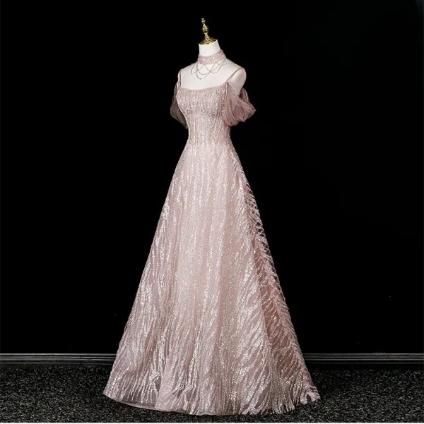 Sexy Glitzernden Rosa Perlenstickerei Strass Pailletten Abendkleider 2025 A Linie Stehkragen Kurze Ärmel Rückenfreies Lange Festliche Kleider
