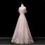 Sexy Glitzernden Rosa Perlenstickerei Strass Pailletten Abendkleider 2025 A Linie Stehkragen Kurze Ärmel Rückenfreies Lange Festliche Kleider