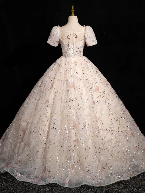 Bling Bling Rougissant Rose Paillettes Robe De Bal 2024 Robe Boule De l'épaule Manches Courtes Dos Nu Longue Promo Robe De Ceremonie