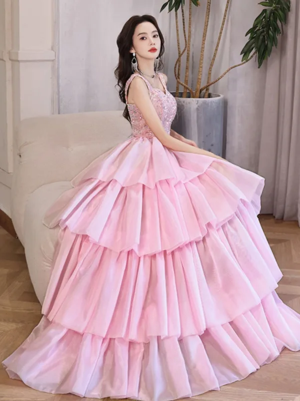 Charmant Rougissant Rose Volants en Cascade Paillettes Robe De Bal 2023 Princesse Bretelles Spaghetti Sans Manches Dos Nu Longue Robe De Ceremonie