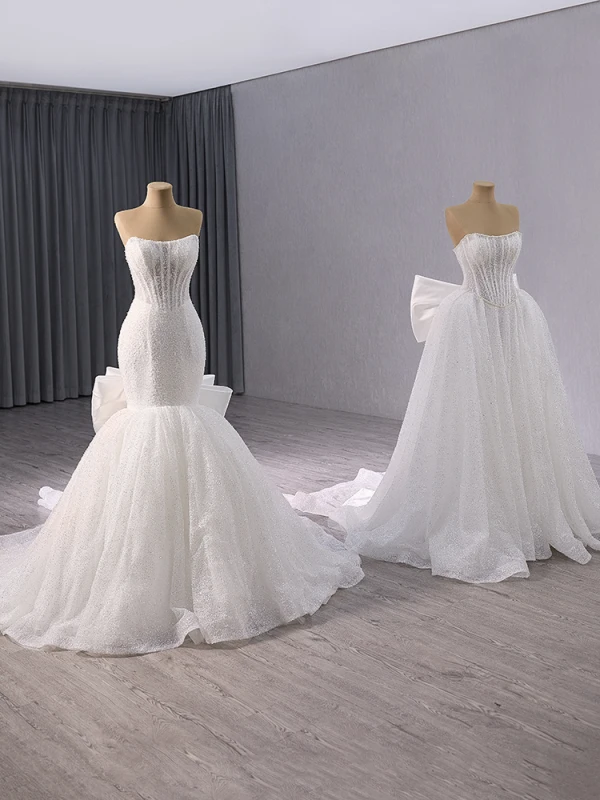 Luxe Blanche Fait main Perlage Perle Paillettes Robe De Mariée 2024 Trompette / Sirène Bustier Sans Manches Dos Nu Noeud Train De Balayage Mariage