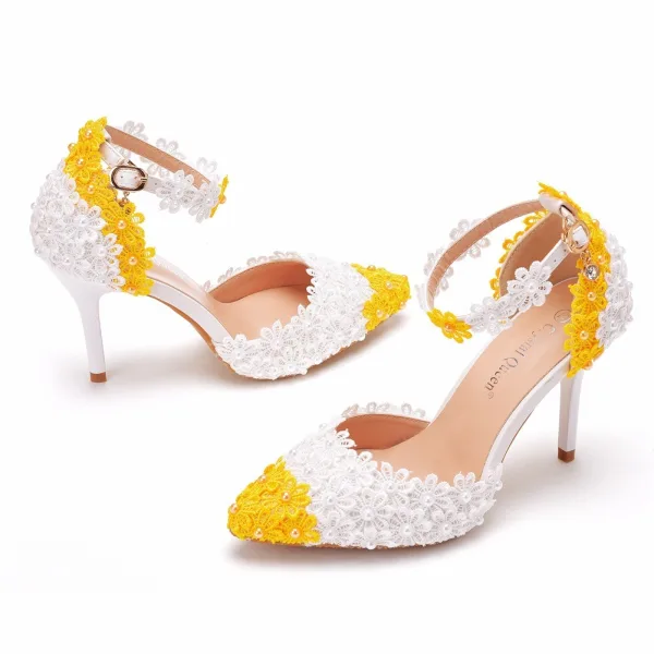 Elegante Zwei Töne Weiß Spitze Blumen Brautschuhe 2025 Knöchelriemen 9 cm Stilettos Spitzschuh Hochzeit Hochhackige